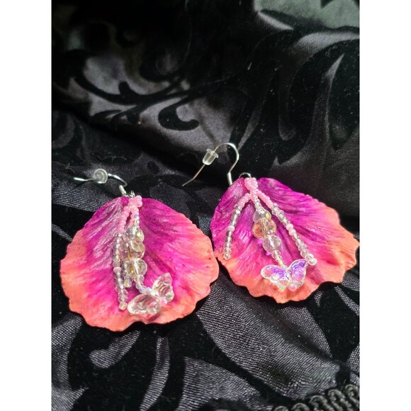 Crafted .925 Sterling Silver Pink Hibiscus Gemstone Ornamental Dangle Earrings - Picture 3 of 6